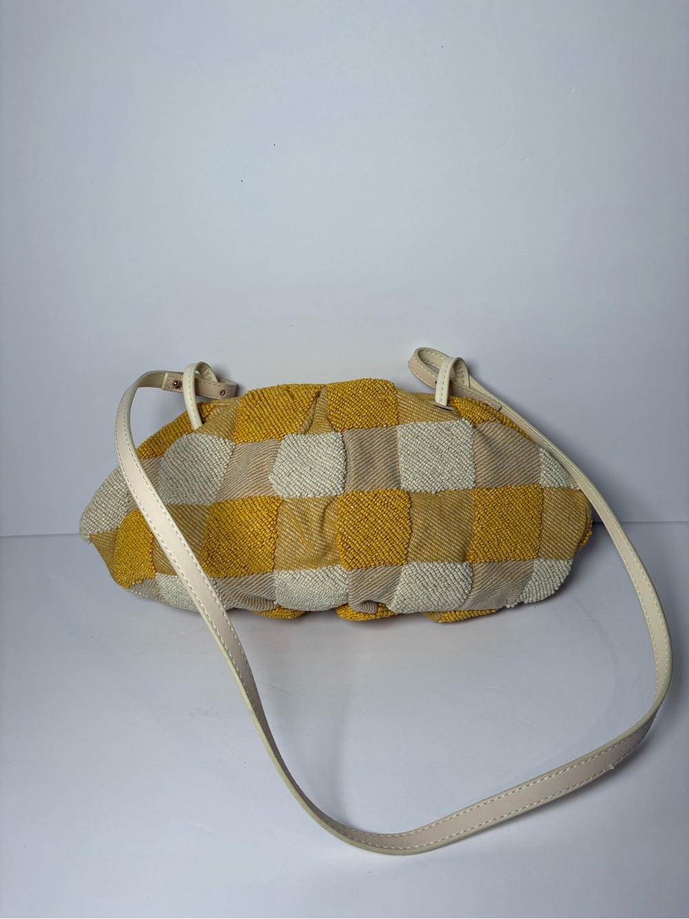 ZARA Beaded Yellow and Cream Gingham Checkered Clutch Shoulder Bag Purse Evening